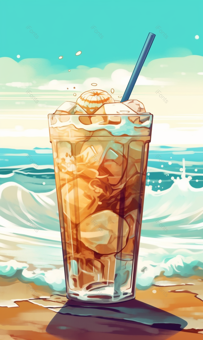 蓝色清新夏季饮品可乐海边度假插画背景,插画/手绘图,插画/手绘图库,插画/手绘图下载,插画/手绘